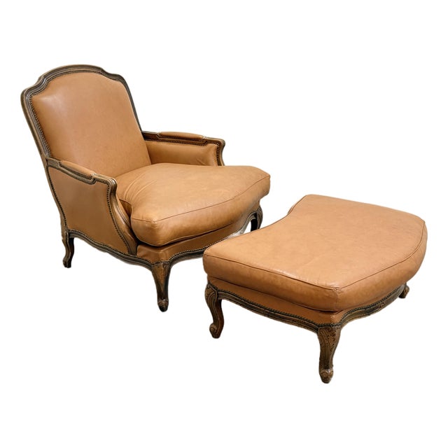 Leather Bergere Style Chair With Ottoman For Sale