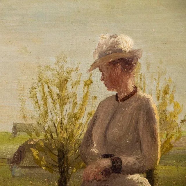 This lovely original oil painting portrays an elegant young woman on a summer day in the country. Look closely as she...
