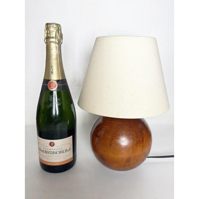 Round Wooden Table Lamps with Lampshades, France, 1970s, Set of 2 For Sale - Image 4 of 18