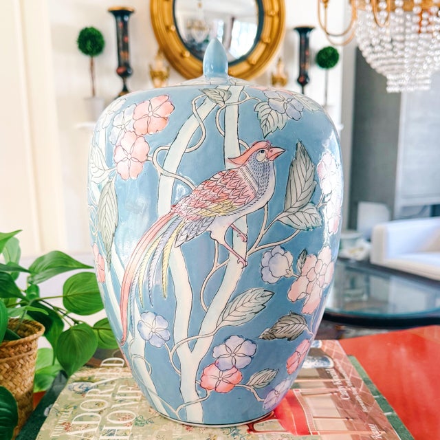 Blue Late 20th Century Large Chinoiserie Blue Ginger Jar With Birds of Paradise & Peonies For Sale - Image 8 of 8