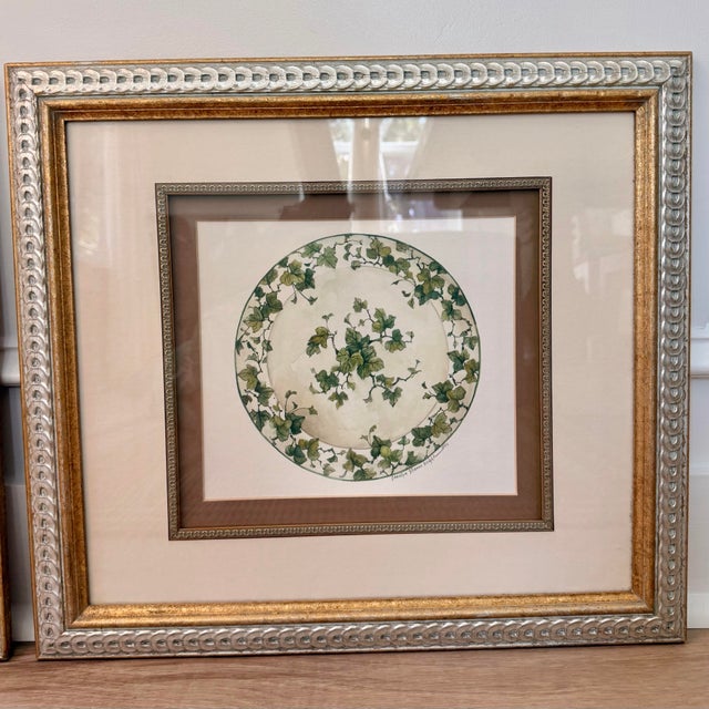Pair of Carolyn Shores Wright “Aria” Botanical Tea Prints in Custom Windsor Art Silver & Gold Frames, 1994 For Sale - Image 9 of 12