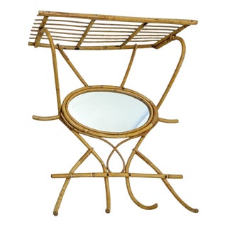 Vintage French Rattan and Bamboo Wall Mirror with Coat Hooks and Shelf, 1960s For Sale