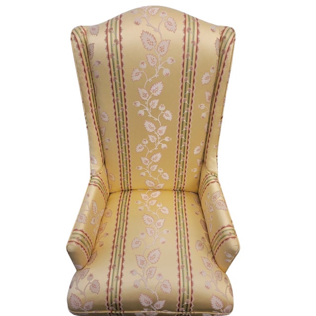 Petite Vintage Queen Anne High-Back Wingback Chairs for Small Spaces in Butter Yellow Floral Stripe – A Pair For Sale - Image 4 of 6
