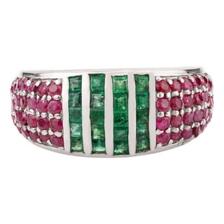 Art Deco Natural Emerald & Ruby Statement Dome Band Ring in 925 Silver - Size 7 For Sale