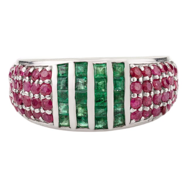Art Deco Natural Emerald & Ruby Statement Dome Band Ring in 925 Silver - Size 7 For Sale