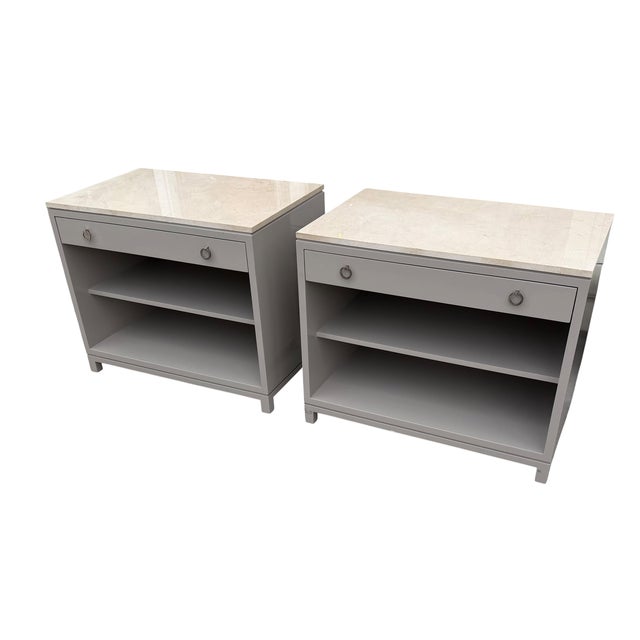 Beige 1 of 2 Nancy Corzine Lacquered Marble Top Nightstand End Table For Sale - Image 8 of 8