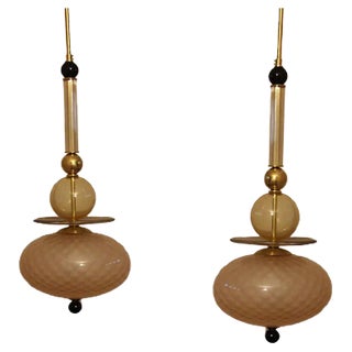 Long Chandeliers in Pink,Yellow & Black Murano Glass, 1990s, Set of 2 For Sale