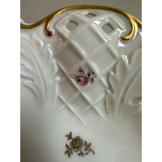 Howard Reichenbach 1970s Reichenbach Germany 11" Diameter Footed Floral Gold Trim Reticulated Dish For Sale - Image 4 of 18