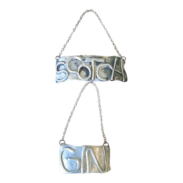 Vintage Sterling Silver Scotch Gin Liquor Alcohol Decanter Tags For Sale