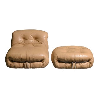 Vintage Soriana Lounge Chair & Ottoman by Afra & Tobia Scarpa in Leather, 1970 For Sale