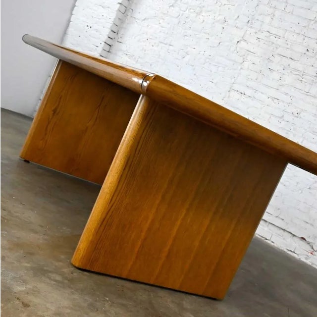 Late 20th Century Modern Oak Large Trestle Style Dining or Conference Table Bullnose Edge Top & Legs For Sale - Image 5 of 13