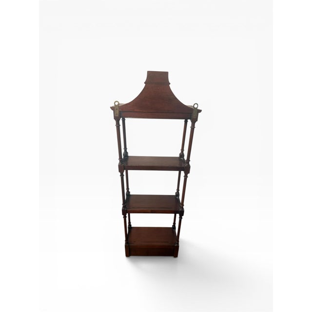 Chinoiserie Late 20th Century Asian-Inspired Pagoda Top Wall-Mounted Hanging Étagère / Display Shelf in Mahogany With Drawer For Sale - Image 3 of 12