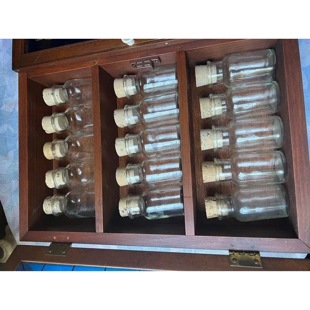 Late 20th Century Vintage Art Deco Style Painted Glass Panel Spice Rack Cabinet With 30 Bottles For Sale - Image 9 of 12