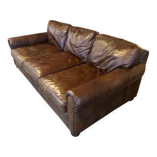 Restoration Hardware Leather Three-Seat Cushion Sofa For Sale