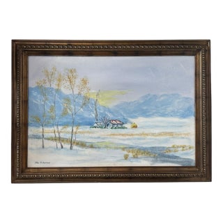 Large Vintage Winter Landscape Oil Painting on Canvas in Ornate Gilt Frame Signed For Sale