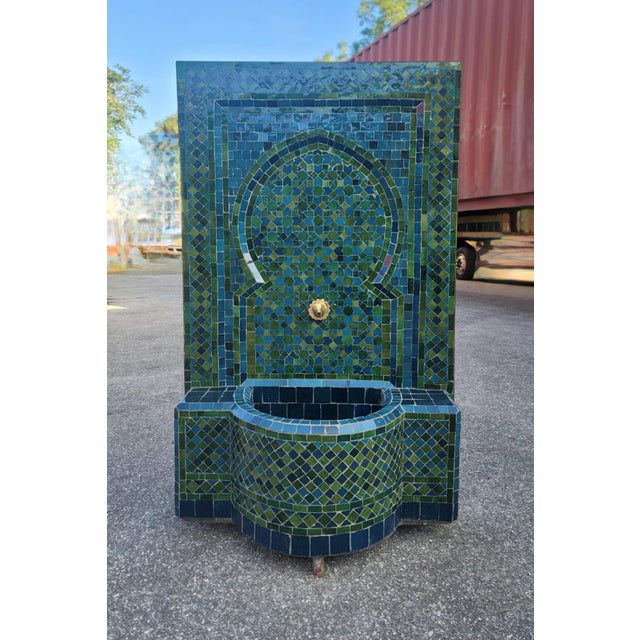 Sculpture Materials Large 2 Color Tamegroute Green and Petrol Blue Moroccan Mosaic Tile Fountain For Sale - Image 7 of 9