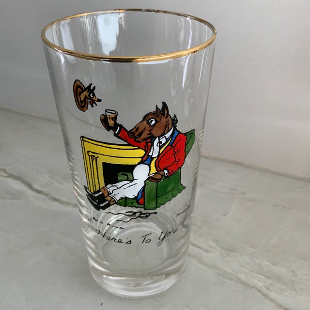 Metal Vintage Ned King for Carwin Gilt-Rimmed Humorous Equestrian Highball Glasses - Set of 8 For Sale - Image 7 of 8