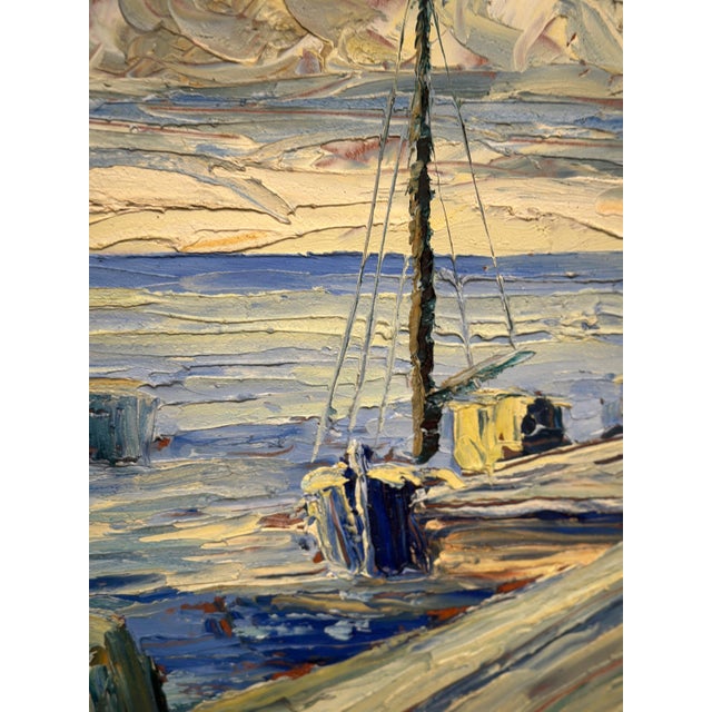Scandinavian School, Port with Moored Sailboats, 1950s, Oil on Panel, Framed For Sale - Image 8 of 14