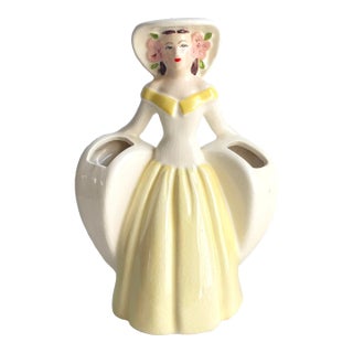 Vintage Southern Belle Lady Double Vase 1940s Matie Weil Ware California Pottery Yellow Dress For Sale