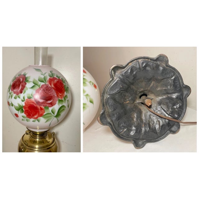 Brass Large Antique Ornate 1800s Brass Glass Electrified Oil Table Parlor Banquet Lamp For Sale - Image 8 of 12