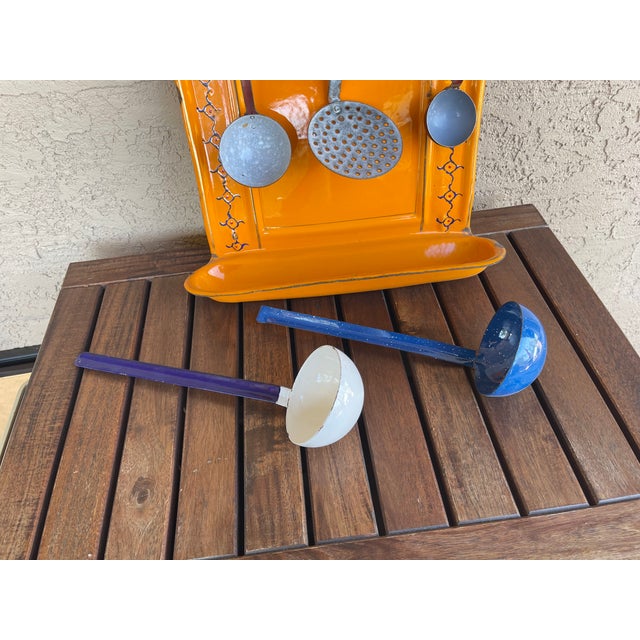 Orange Set of 6, Country French Enamel Orange Kitchenalia Utensil Holder Rack With 5 Ladles For Sale - Image 8 of 10