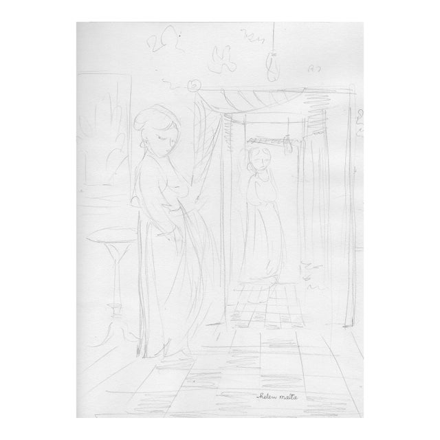 1930s Helen Malta Interior With Figures Drawing For Sale