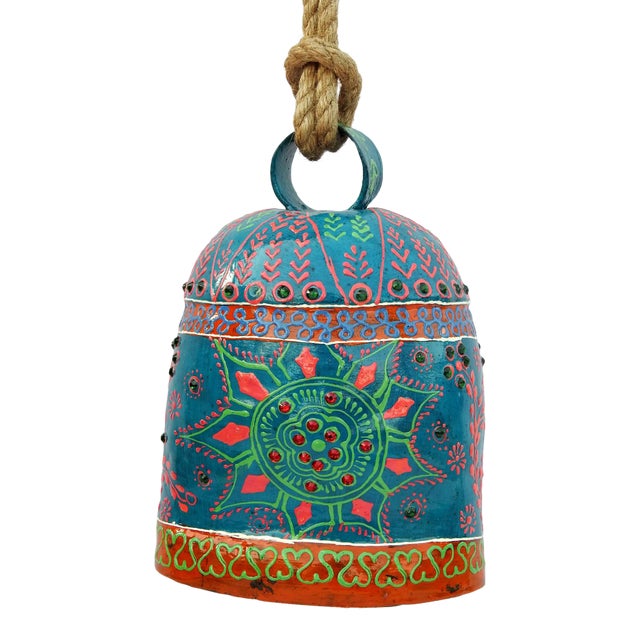 Vintage Swiss Cow Bell Metal Decorative Emboss Hand Painted For Sale