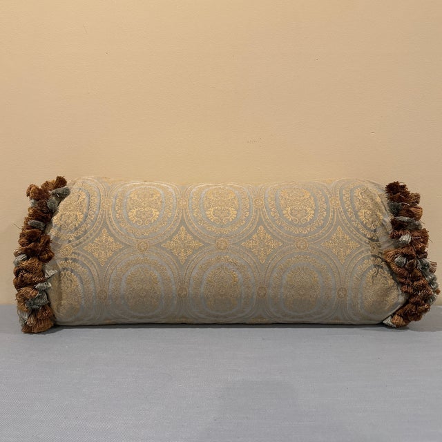 This French style mint and gold embroidered bolster pillow has beautifully full mint and gold tassels on the edges and...