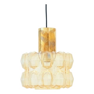 Mid-Century Modern Amber Diamond Glass and Brass Pendant Light by Helena Tynell for Limburg, Germany, 1960s For Sale