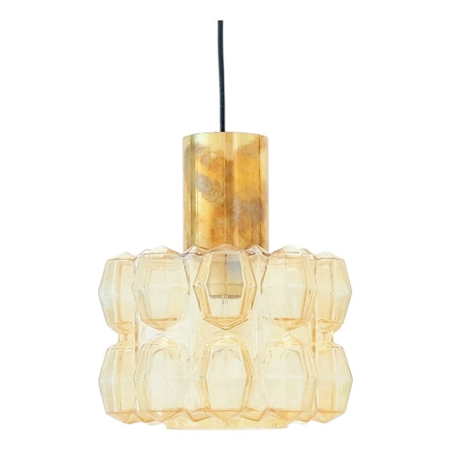 Mid-Century Modern Amber Diamond Glass and Brass Pendant Light by Helena Tynell for Limburg, Germany, 1960s For Sale