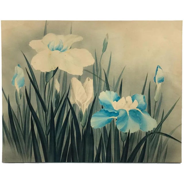 An original mid-20th-century watercolour painting, Circle of Lowell Blair Nesbitt, Blue & White Iris Flowers 1.This...