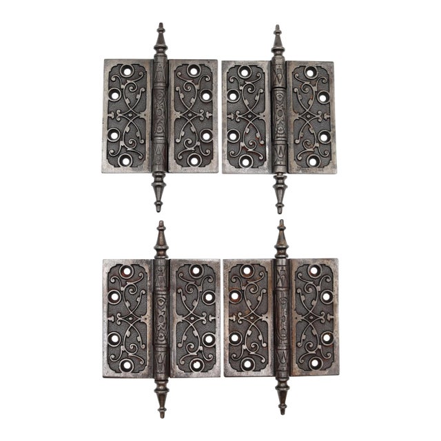 Set of Antique Victorian 4.5 X 4.5 In. Cast Iron Door Hinges For Sale