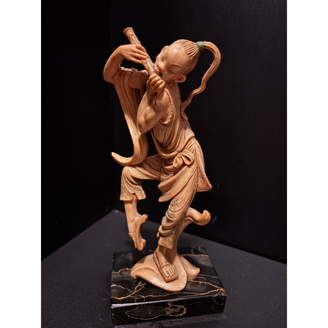 Italian Vintage Italian Fontanini- Asian Warrior and Musician Figurine Set Mid-Century Hand-Painted Sculptures on Marble Bases For Sale - Image 3 of 12