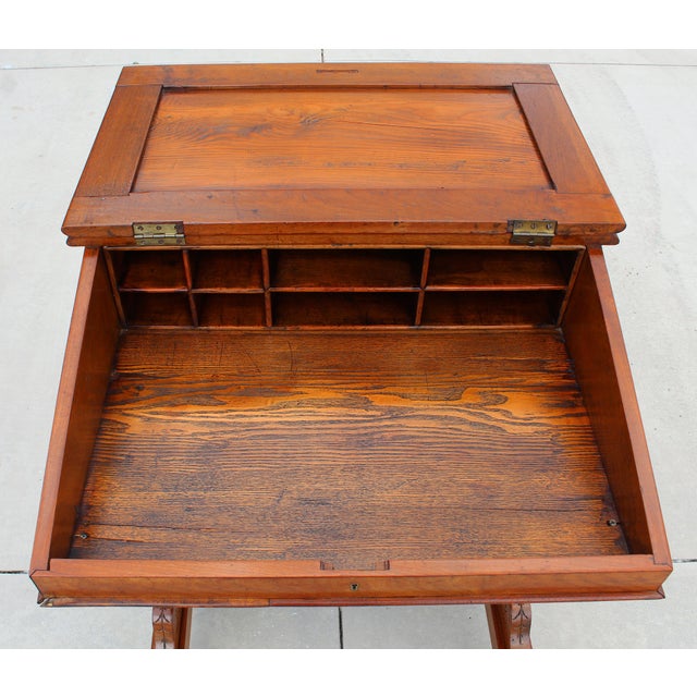 Antique 1860s Victorian Walnut Davenport Writing Desk English Slant Front Secretary With Original Green Baize Top For Sale - Image 10 of 18