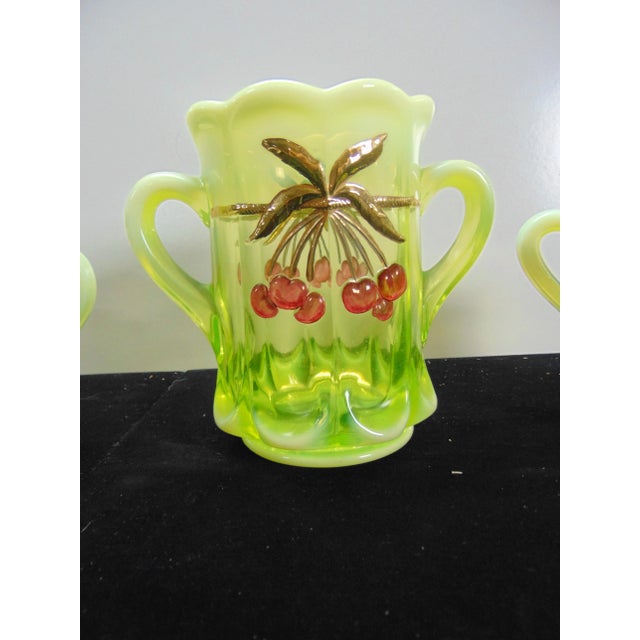 Moser Glassworks Moser Glass Victorian Style Vaseline Cherry Cream & Sugar - 3 Piece Set For Sale - Image 4 of 7