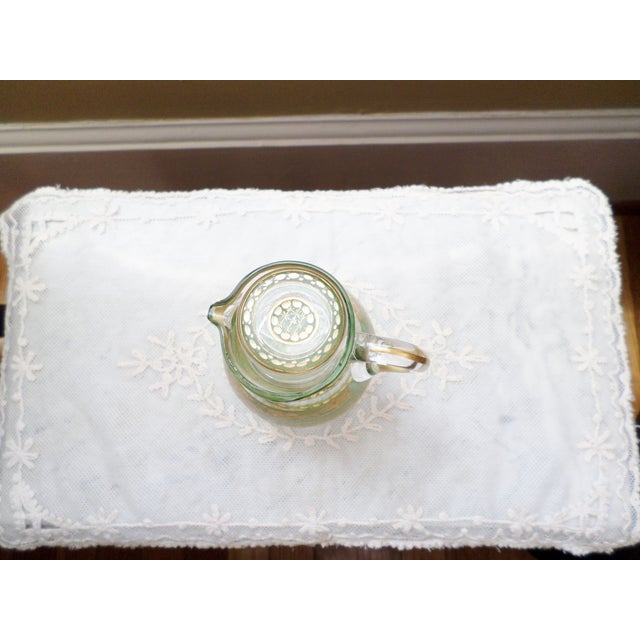 Art Deco Vintage Czechoslovakia Green & Gold Etched Glass Water Carafe With Cup For Sale - Image 3 of 6