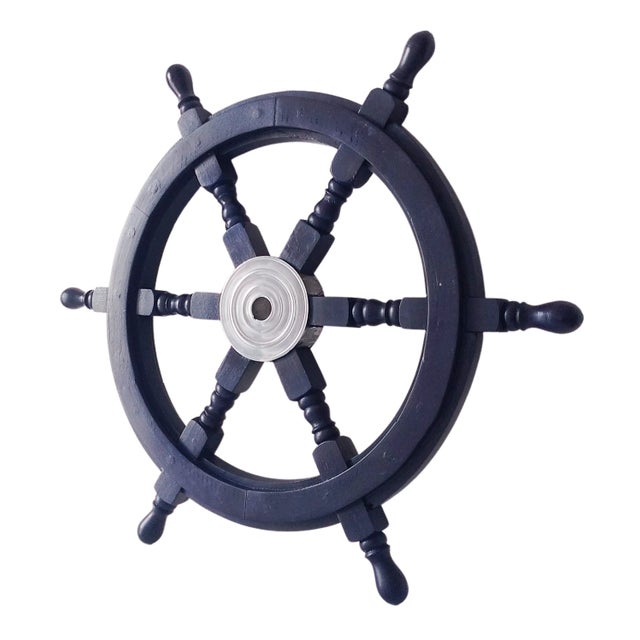 Traditional Early 19th Century Nautical Handcrafted 24 Inch Dark Blue Wooden Ship Wheel, Home Wall Décor For Sale - Image 3 of 6