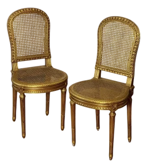 1920s Pair of Antique French Louis XVI Style Giltwood and Cane Side Chairs