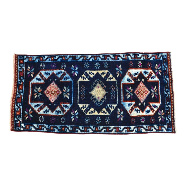 Vintage Mid Century Turkish Navy Rug For Sale
