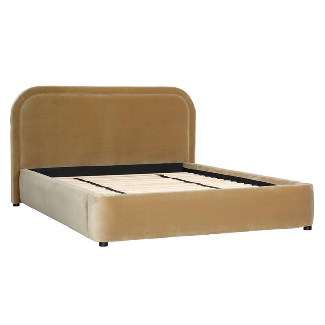 Contemporary luxe camel toned velvet upholstered bed frame in queen size. Soft polyester velvet fabric with birch wood...