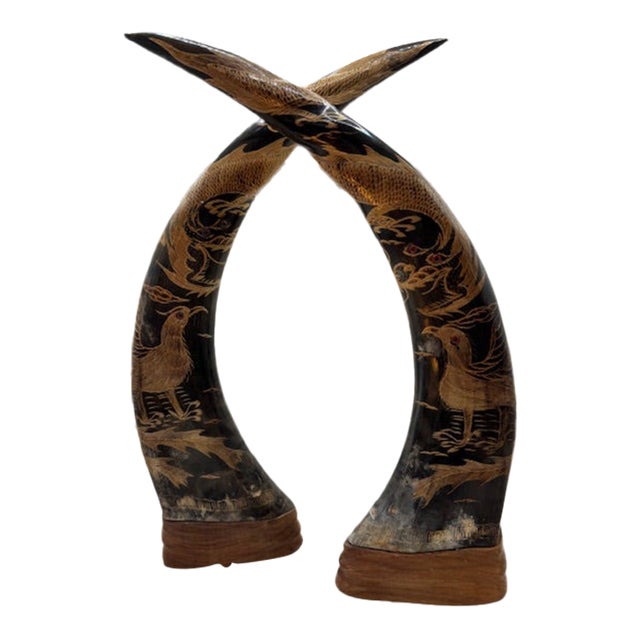 Antique Carved Buffalo Horns Sculptures - Pair For Sale