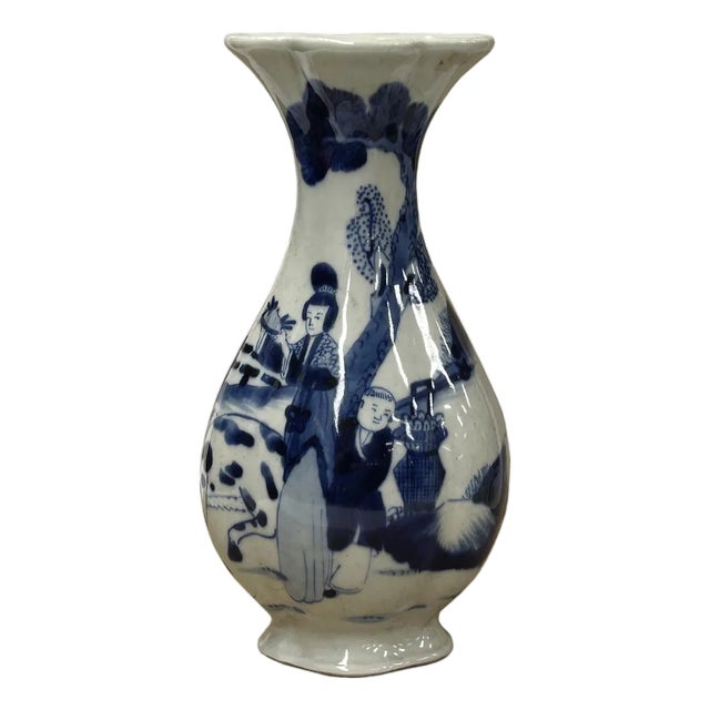 Oriental Small Blue White Scenery Graphic Flower Shape Porcelain Art Vase For Sale