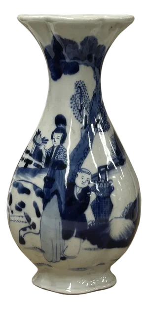 Oriental Small Blue White Scenery Graphic Flower Shape Porcelain Art Vase
