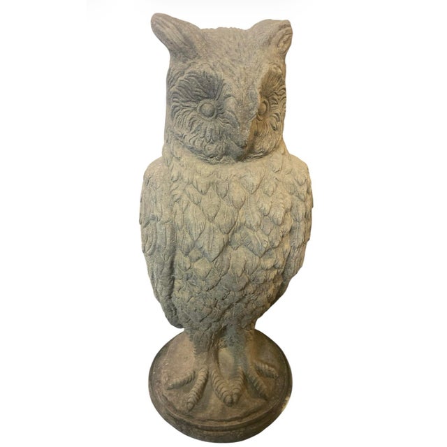 vintage garden sculpture depicts a Great Horned Owl, masterfully rendered in heavy cast stone. Originating from England,...