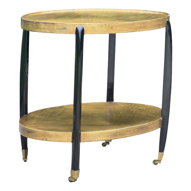 Vintage Gold and Black Oval Bar Cart on Brass Casters For Sale