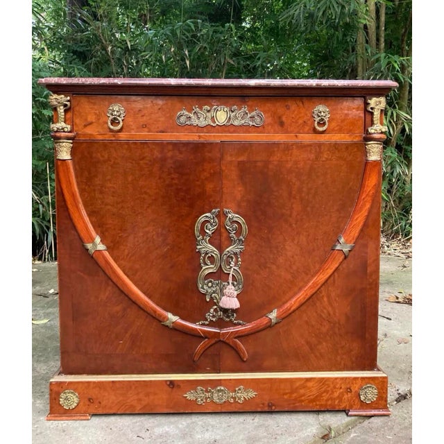 chinoiserie cabinet. heavy beveled marble top which is removable, skeleton key… doors open to one shelved cabinet, narrow...