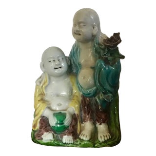 Antique 19th Century Chinese Export Porcelain Figural Group of the Laughing Hehe-Erxian Twins For Sale