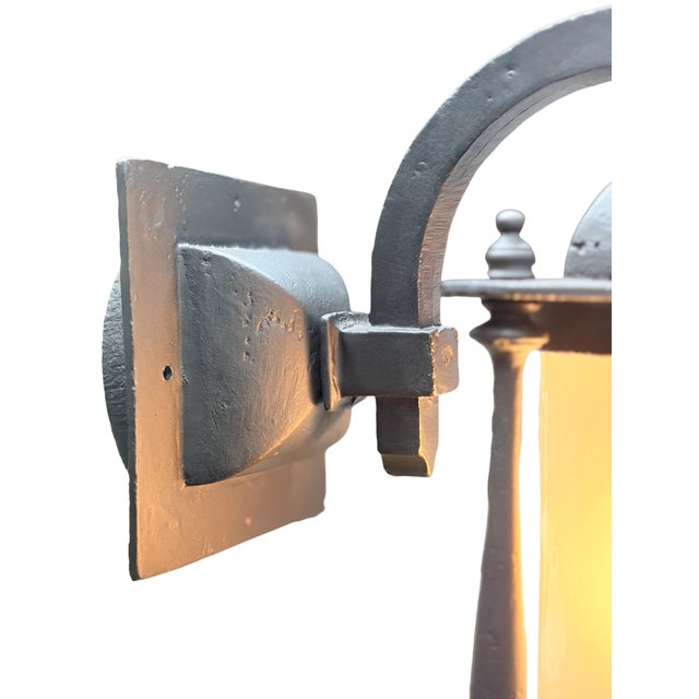 1910s Outdoor Exterior Porch Light Wall Sconce in Cast Iron With Frosted Glass Cylinder Shade and Black Enamel Paint Mission Spanish For Sale In Los Angeles - Image 6 of 11