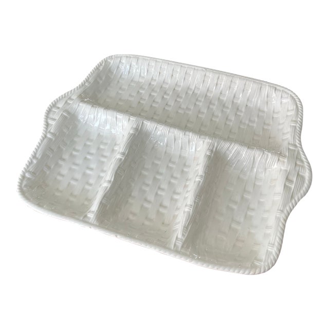 Late 20th Century Italian Ceramic Basketweave Olive Dish For Sale
