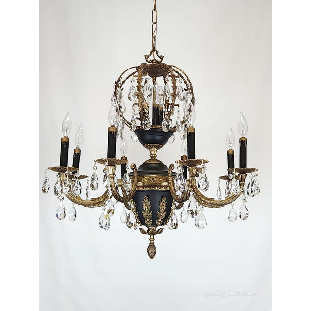 Offered for your consideration is an Antique 8 Arm 11 Light Epic Empire Birdcage Brass Cut Lead Crystal Chandelier. The...